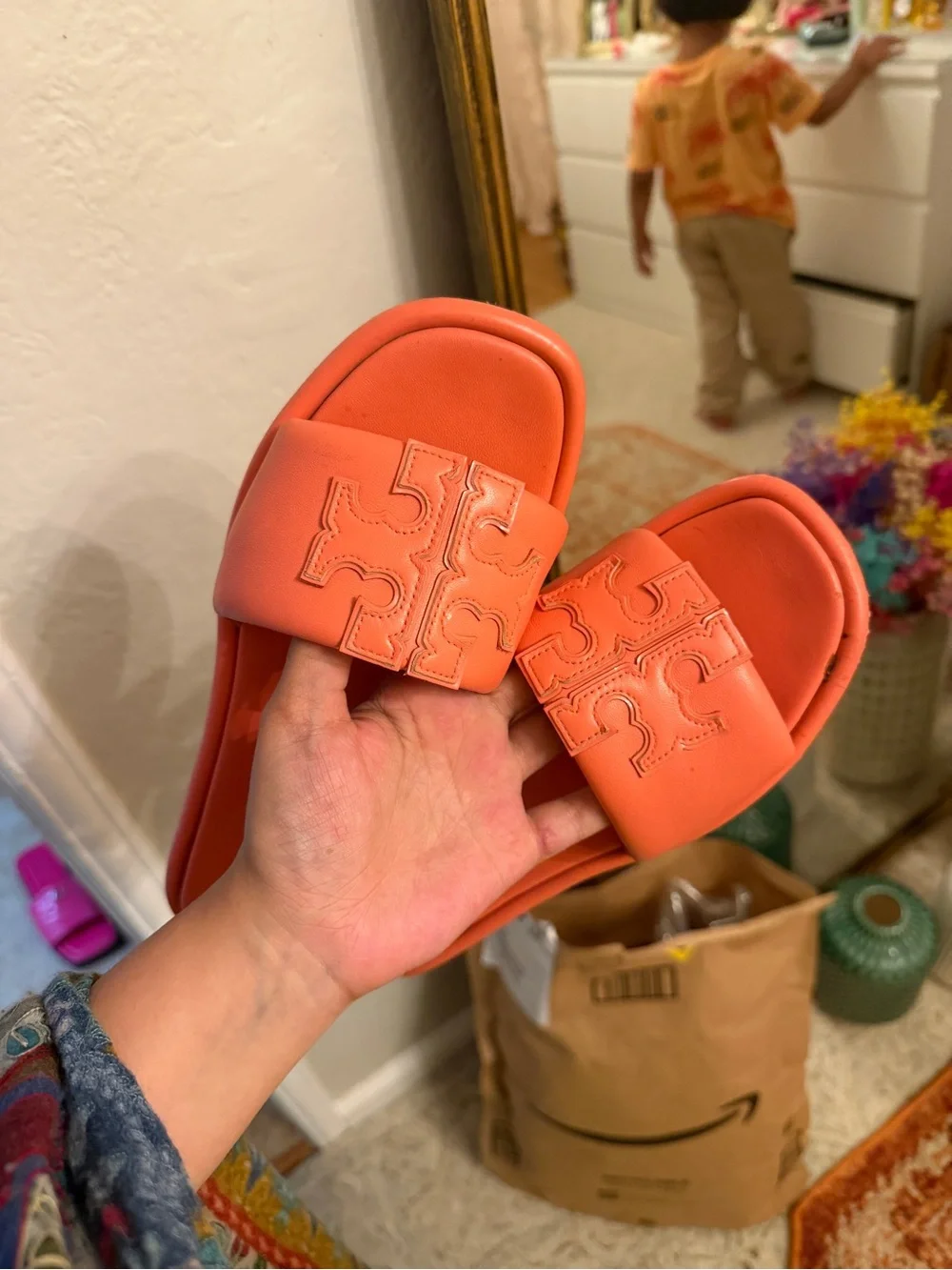 Tory Burch Kids Coral Orange Logo Slide Sandals